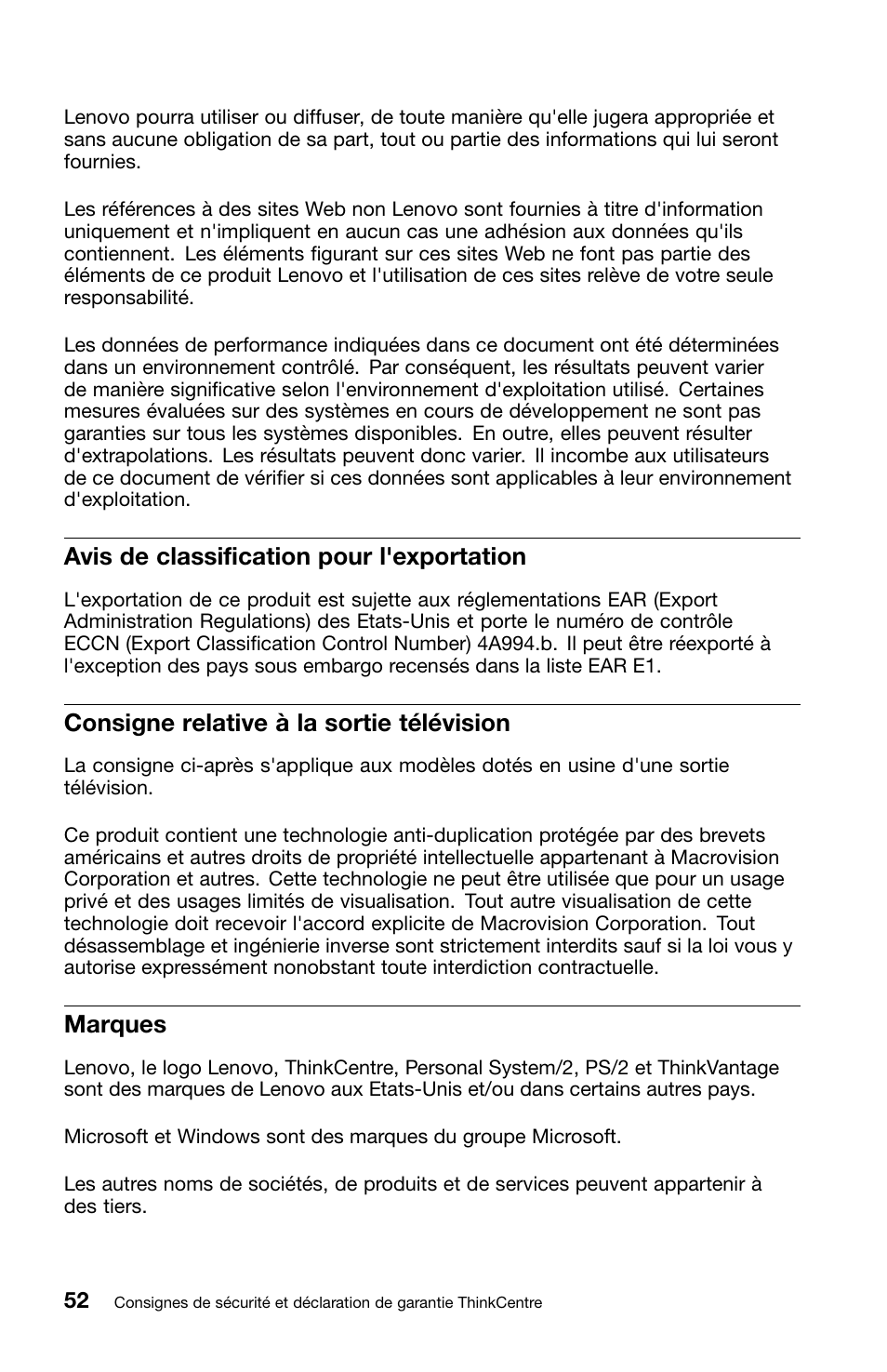 Avis de classification pour l'exportation, Consigne relative à la sortie télévision, Marques | Lenovo ThinkCentre M70z User Manual | Page 120 / 336