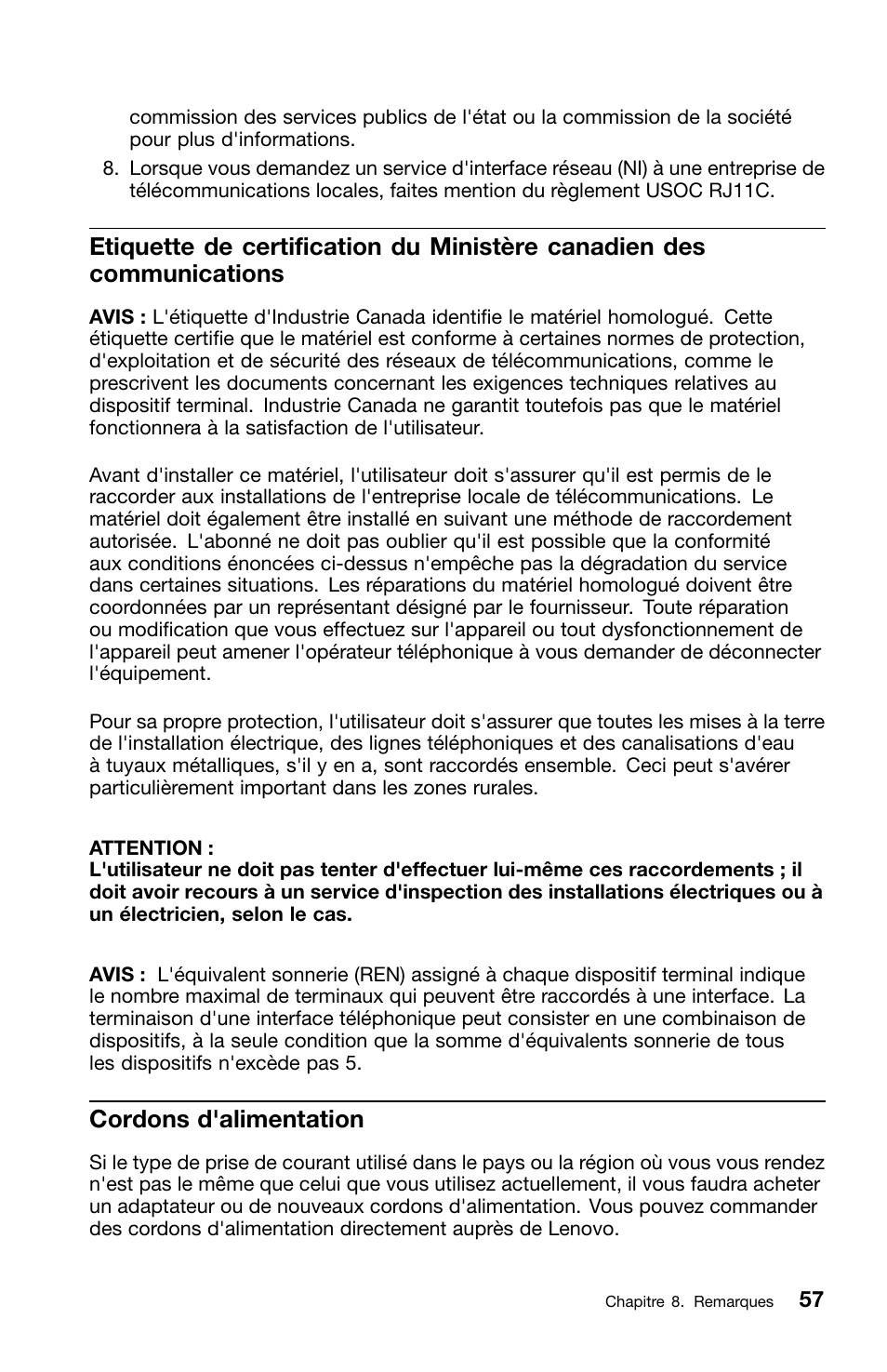 Cordons d'alimentation | Lenovo ThinkCentre M70z User Manual | Page 125 / 336