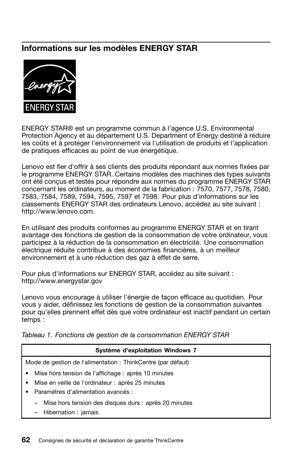 Informations sur les modèles energy star | Lenovo ThinkCentre M70z User Manual | Page 130 / 336