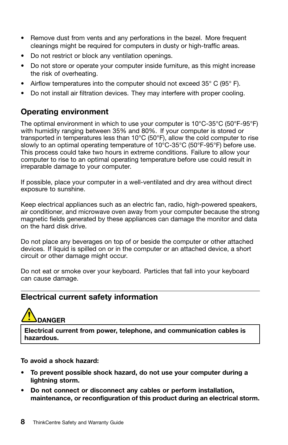 Operating environment, Electrical current safety information | Lenovo ThinkCentre M70z User Manual | Page 14 / 336