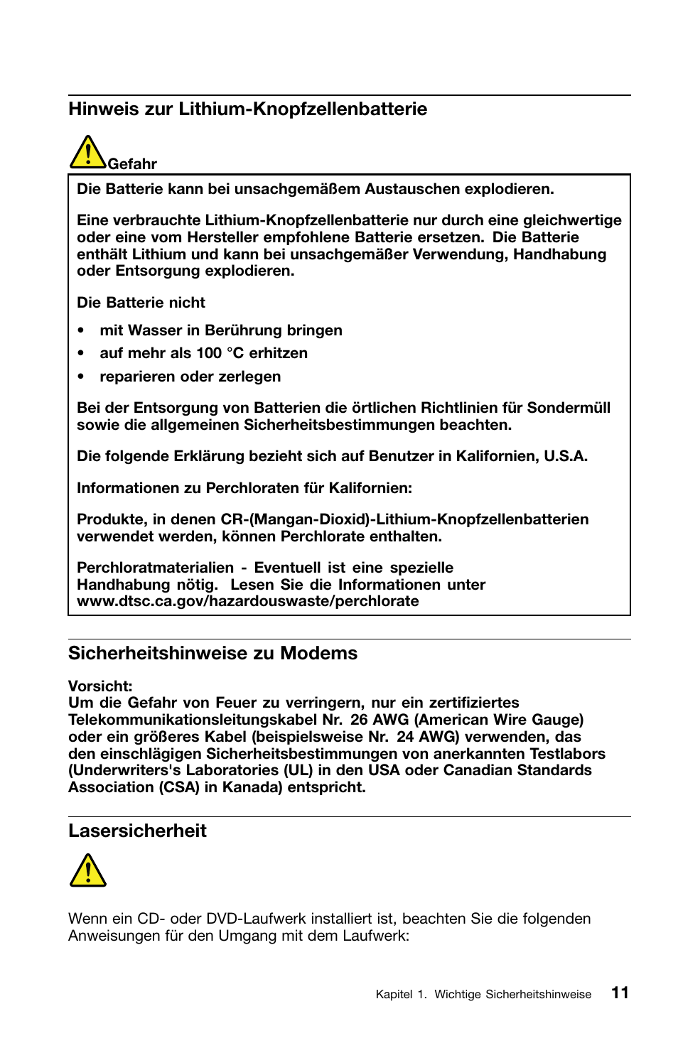 Hinweis zur lithium-knopfzellenbatterie, Sicherheitshinweise zu modems, Lasersicherheit | Lenovo ThinkCentre M70z User Manual | Page 147 / 336