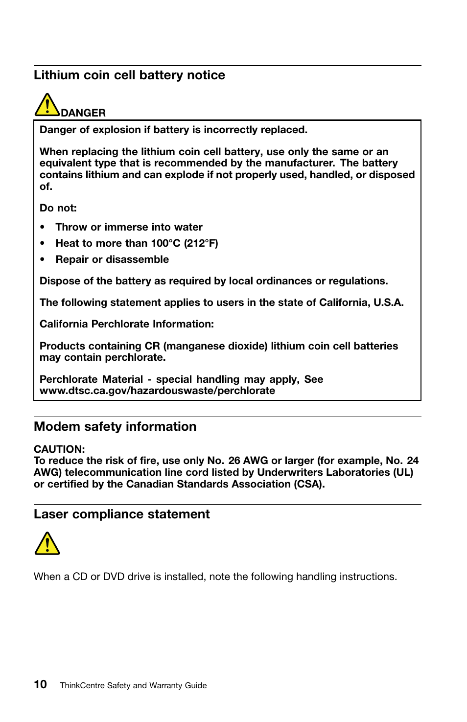 Lithium coin cell battery notice, Modem safety information, Laser compliance statement | Lenovo ThinkCentre M70z User Manual | Page 16 / 336