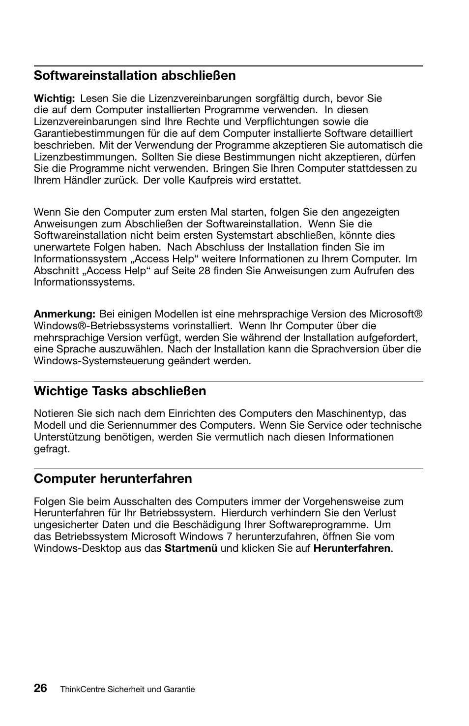 Softwareinstallation abschließen, Wichtige tasks abschließen, Computer herunterfahren | Lenovo ThinkCentre M70z User Manual | Page 162 / 336