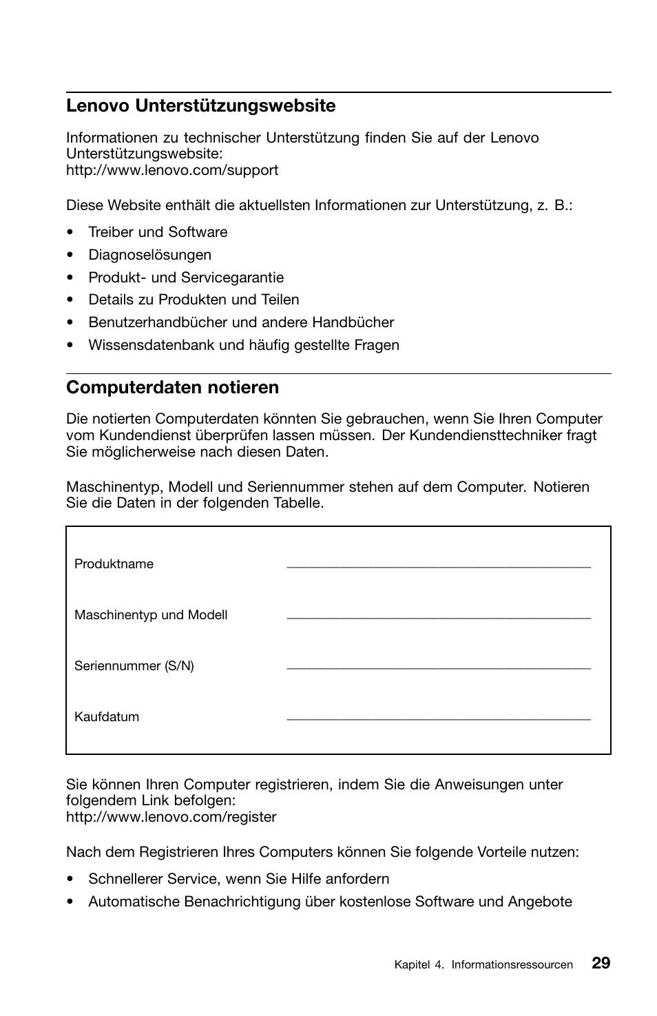 Lenovo unterstützungswebsite, Computerdaten notieren | Lenovo ThinkCentre M70z User Manual | Page 165 / 336