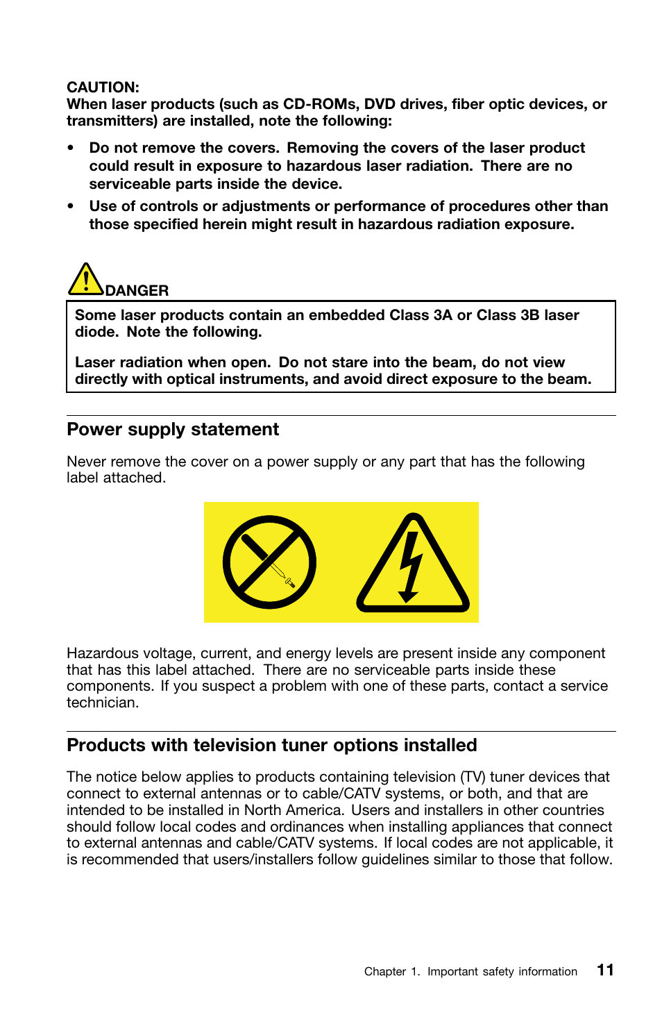 Power supply statement, Products with television tuner options installed | Lenovo ThinkCentre M70z User Manual | Page 17 / 336