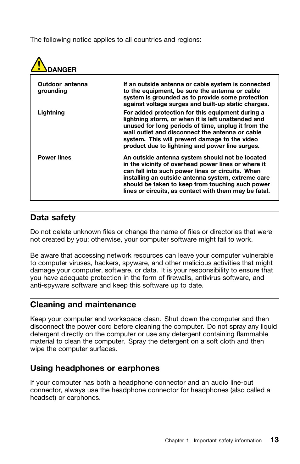 Data safety, Cleaning and maintenance, Using headphones or earphones | Lenovo ThinkCentre M70z User Manual | Page 19 / 336