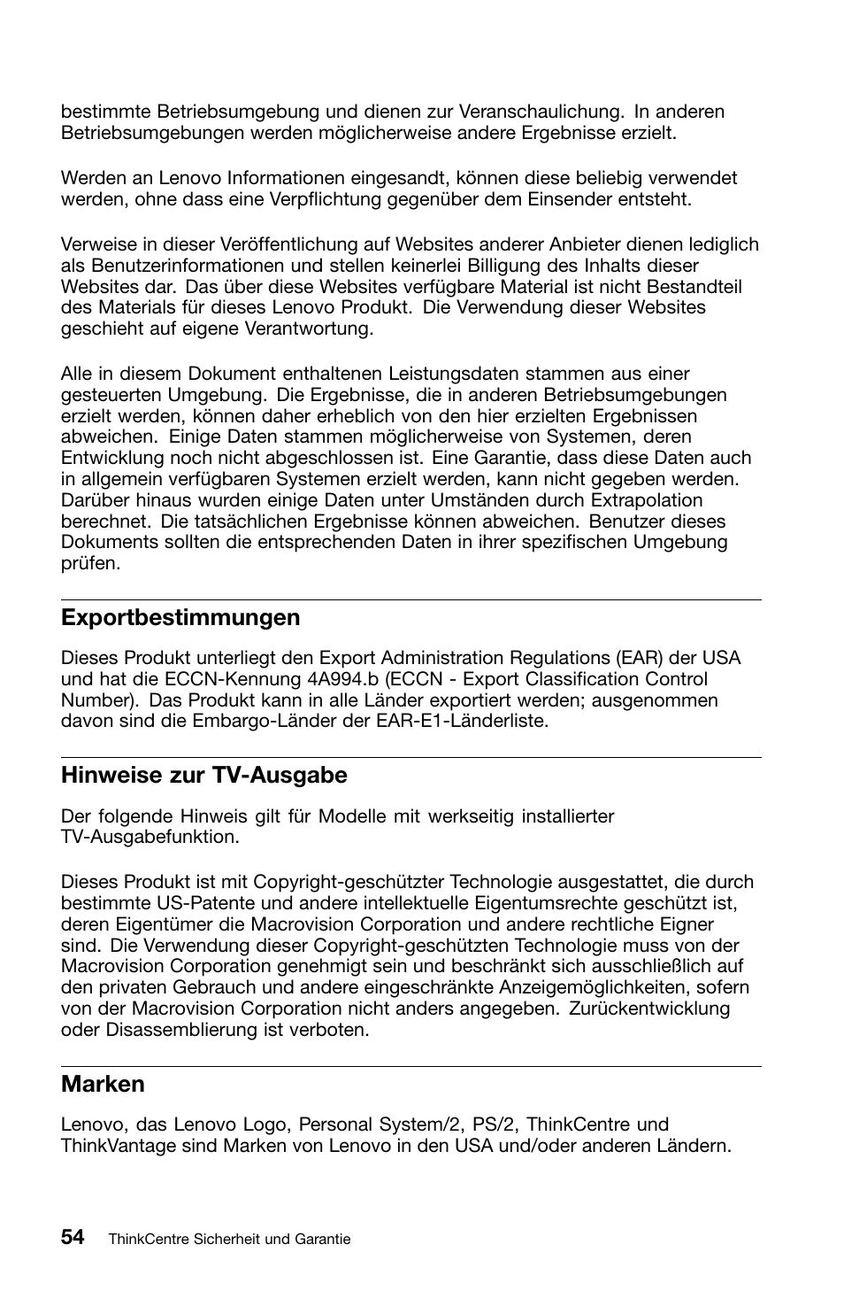 Exportbestimmungen, Hinweise zur tv-ausgabe, Marken | Lenovo ThinkCentre M70z User Manual | Page 190 / 336