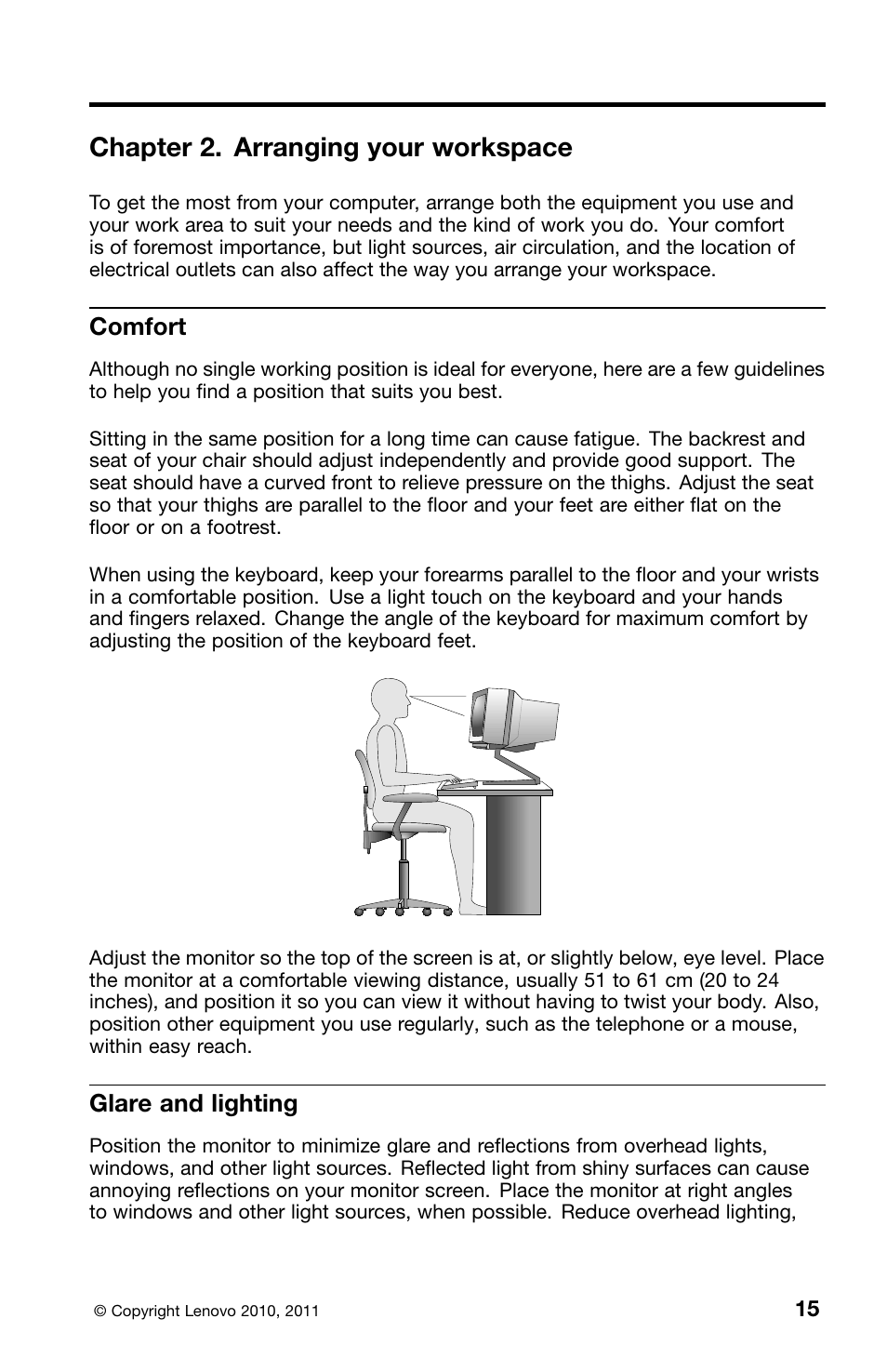 Chapter 2. arranging your workspace, Comfort, Glare and lighting | Lenovo ThinkCentre M70z User Manual | Page 21 / 336