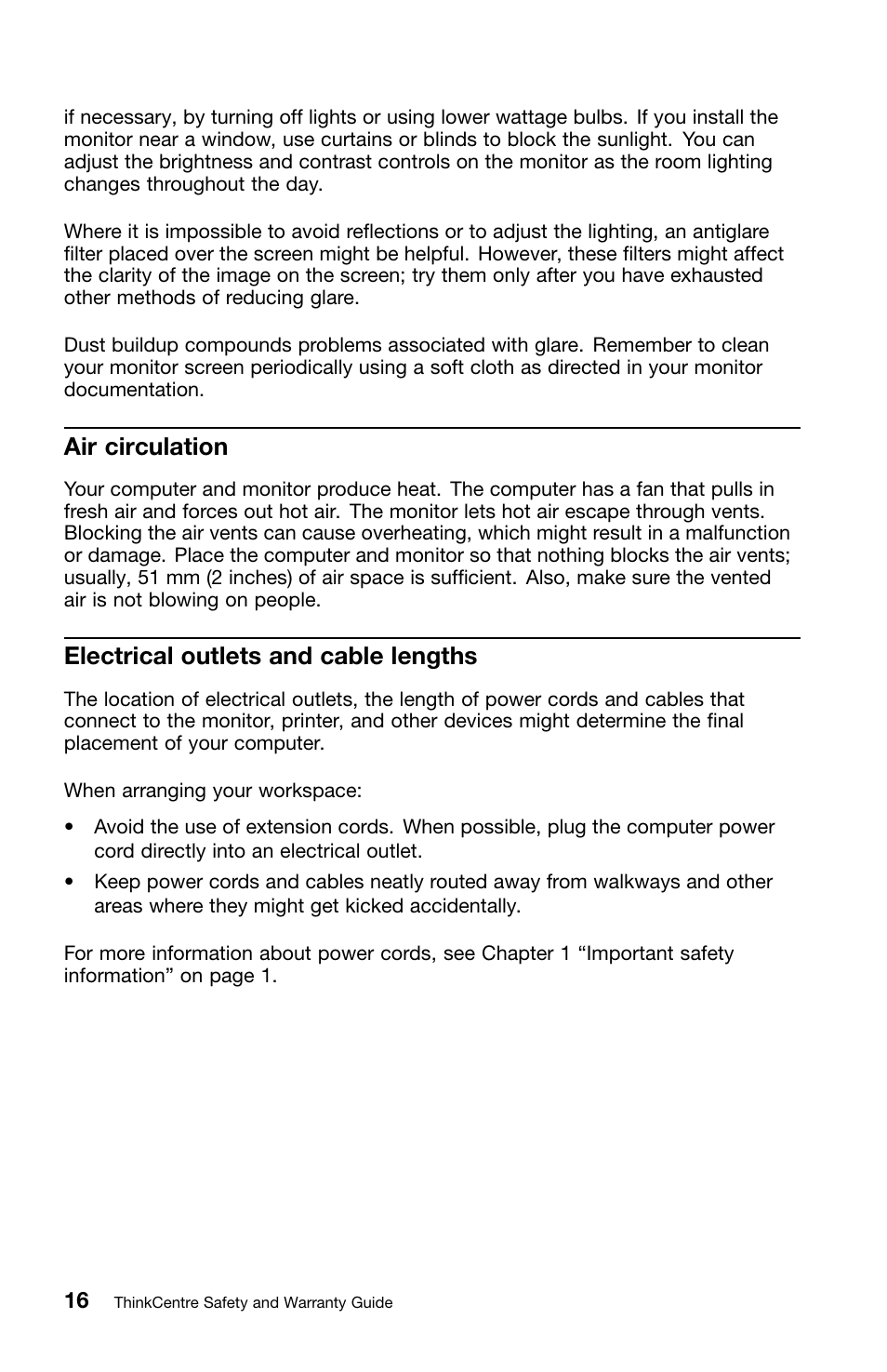 Air circulation, Electrical outlets and cable lengths | Lenovo ThinkCentre M70z User Manual | Page 22 / 336