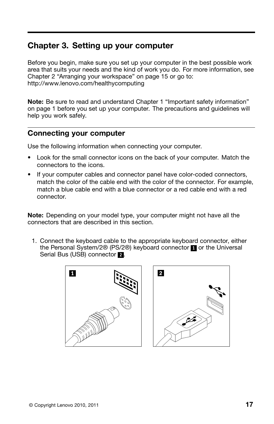 Chapter 3. setting up your computer, Connecting your computer | Lenovo ThinkCentre M70z User Manual | Page 23 / 336