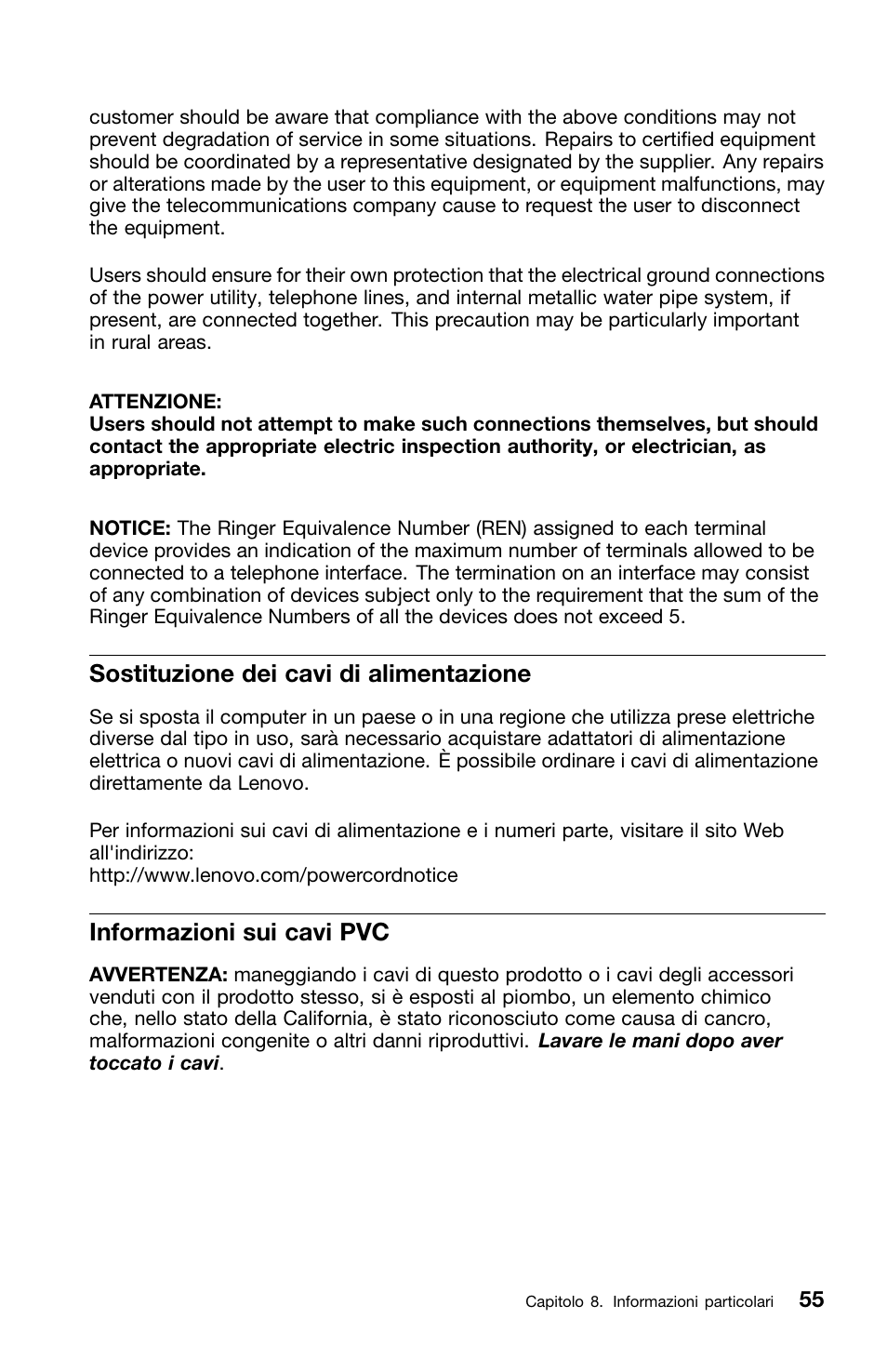 Sostituzione dei cavi di alimentazione, Informazioni sui cavi pvc | Lenovo ThinkCentre M70z User Manual | Page 261 / 336