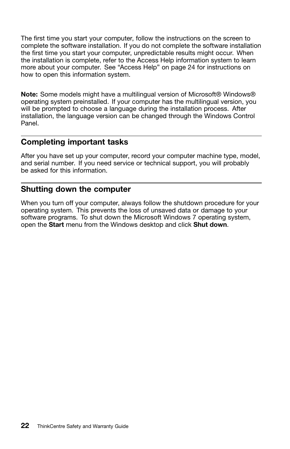 Completing important tasks, Shutting down the computer | Lenovo ThinkCentre M70z User Manual | Page 28 / 336