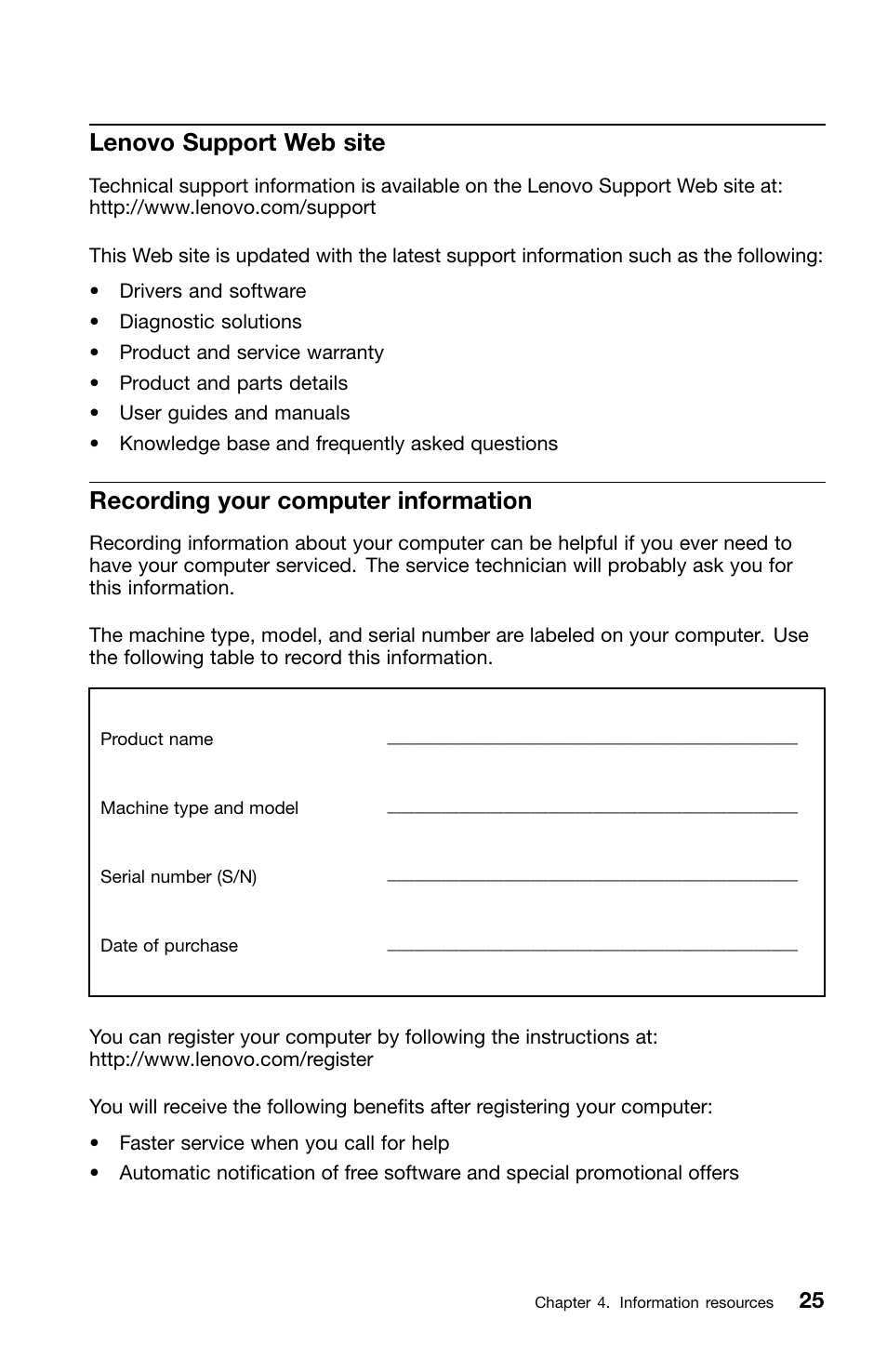 Lenovo support web site, Recording your computer information | Lenovo ThinkCentre M70z User Manual | Page 31 / 336