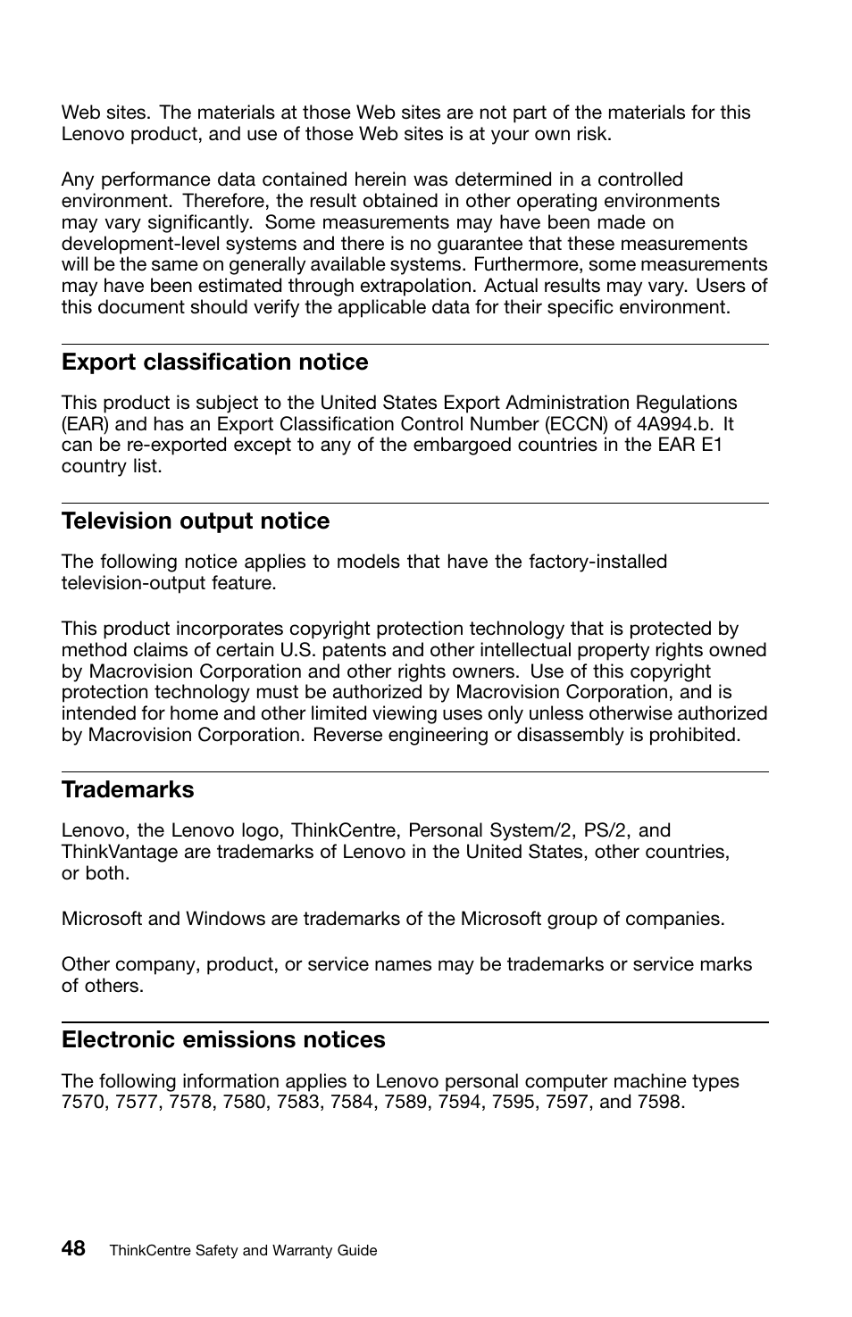 Export classification notice, Television output notice, Trademarks | Electronic emissions notices | Lenovo ThinkCentre M70z User Manual | Page 54 / 336
