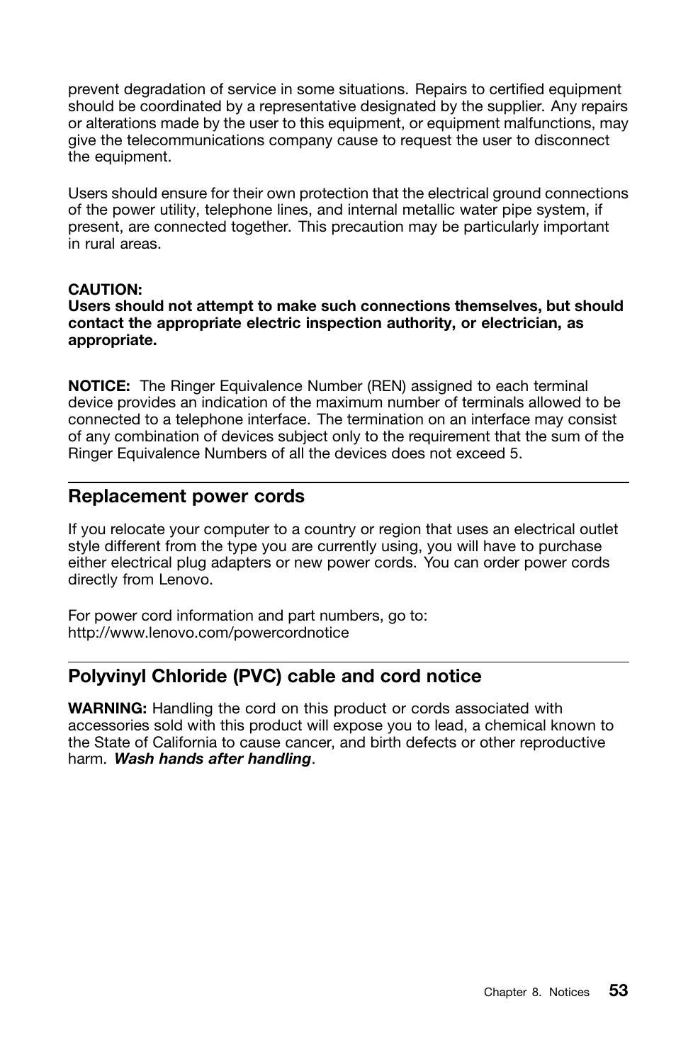 Replacement power cords, Polyvinyl chloride (pvc) cable and cord notice | Lenovo ThinkCentre M70z User Manual | Page 59 / 336