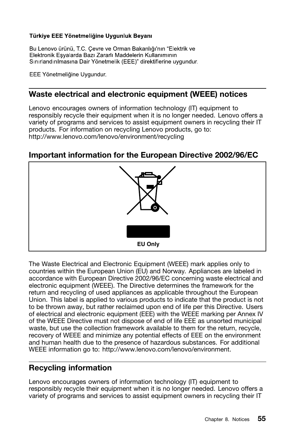 Recycling information | Lenovo ThinkCentre M70z User Manual | Page 61 / 336
