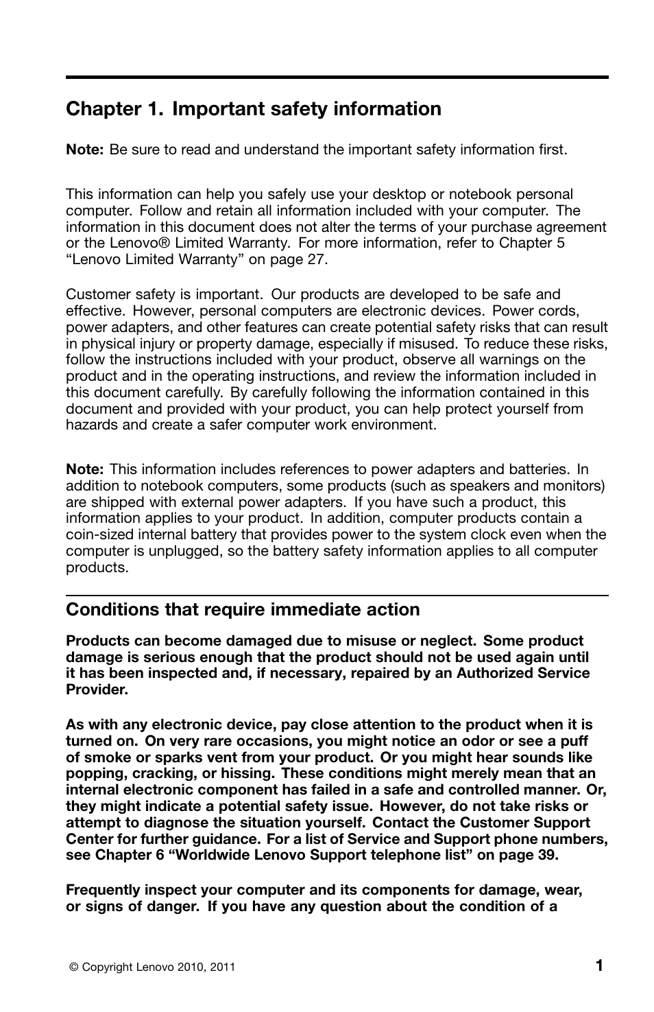 Chapter 1. important safety information, Conditions that require immediate action | Lenovo ThinkCentre M70z User Manual | Page 7 / 336