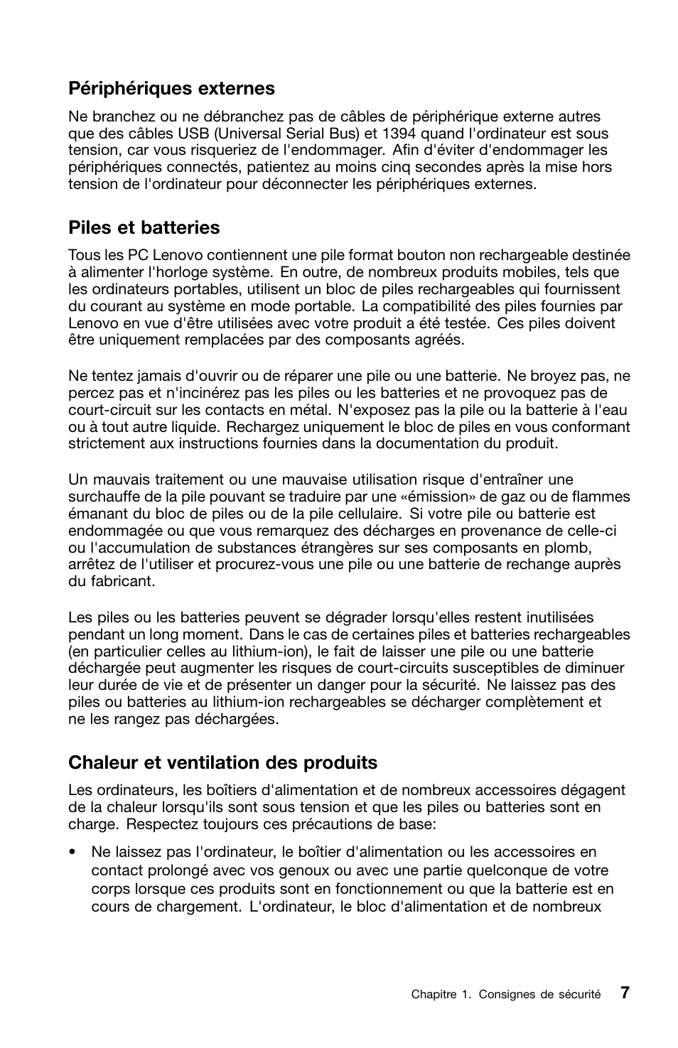 Périphériques externes, Piles et batteries, Chaleur et ventilation des produits | Lenovo ThinkCentre M70z User Manual | Page 75 / 336