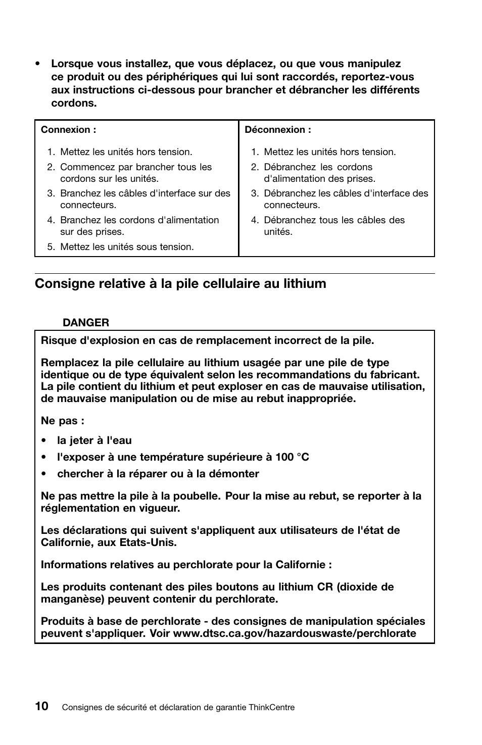 Consigne relative à la pile cellulaire au lithium | Lenovo ThinkCentre M70z User Manual | Page 78 / 336