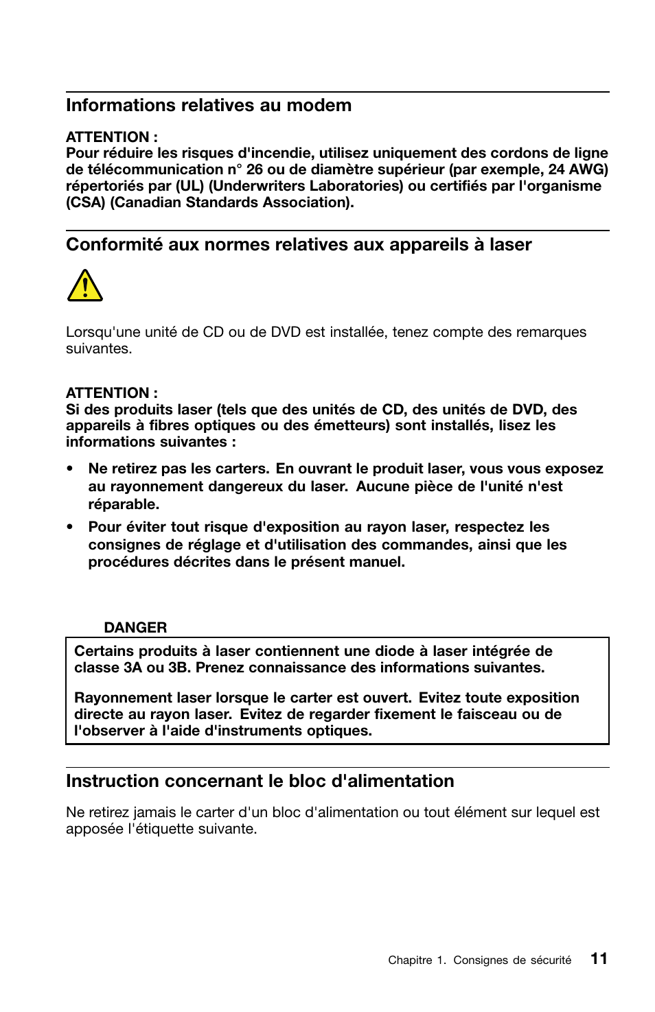 Informations relatives au modem, Instruction concernant le bloc d'alimentation | Lenovo ThinkCentre M70z User Manual | Page 79 / 336