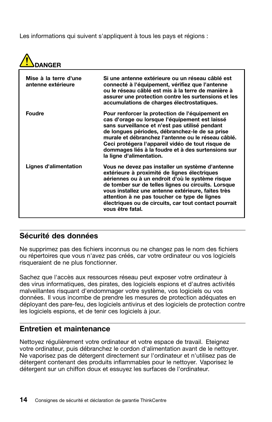 Sécurité des données, Entretien et maintenance | Lenovo ThinkCentre M70z User Manual | Page 82 / 336