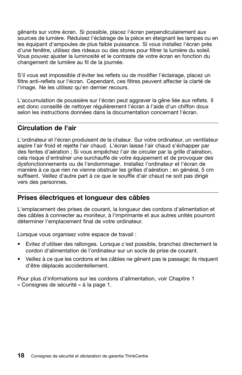 Circulation de l'air, Prises électriques et longueur des câbles | Lenovo ThinkCentre M70z User Manual | Page 86 / 336