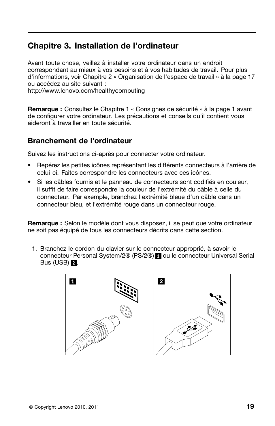 Chapitre 3. installation de l'ordinateur, Branchement de l'ordinateur | Lenovo ThinkCentre M70z User Manual | Page 87 / 336