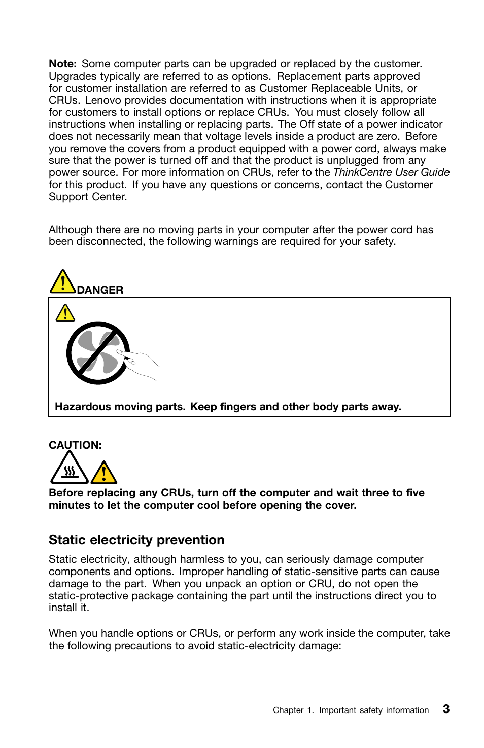 Static electricity prevention | Lenovo ThinkCentre M70z User Manual | Page 9 / 336