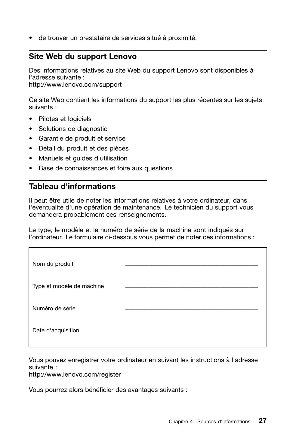 Site web du support lenovo, Tableau d'informations | Lenovo ThinkCentre M70z User Manual | Page 95 / 336