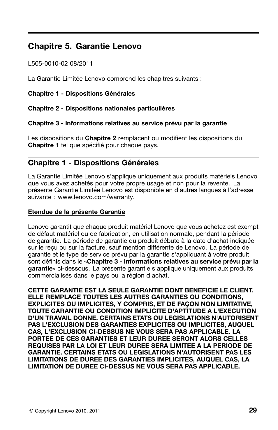 Chapitre 5. garantie lenovo, Chapitre 1 - dispositions générales | Lenovo ThinkCentre M70z User Manual | Page 97 / 336