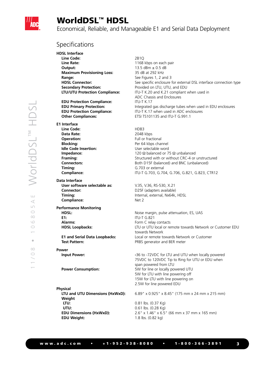 Worlddsl, Hdsl, Specifications | ADC Double Pair/Line Power HDSL User Manual | Page 3 / 4