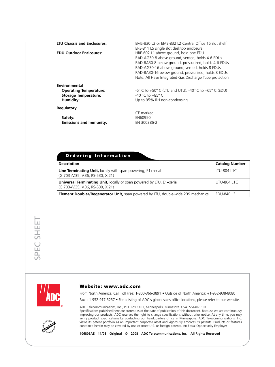 Spec sheet | ADC Double Pair/Line Power HDSL User Manual | Page 4 / 4