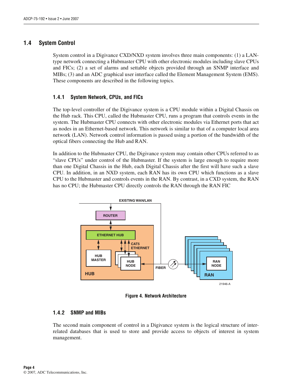 4 system control, 1 system network, cpus, and fics, 2 snmp and mibs | System control, System network, cpus, and fics, Snmp and mibs | ADC 75-192 User Manual | Page 16 / 74