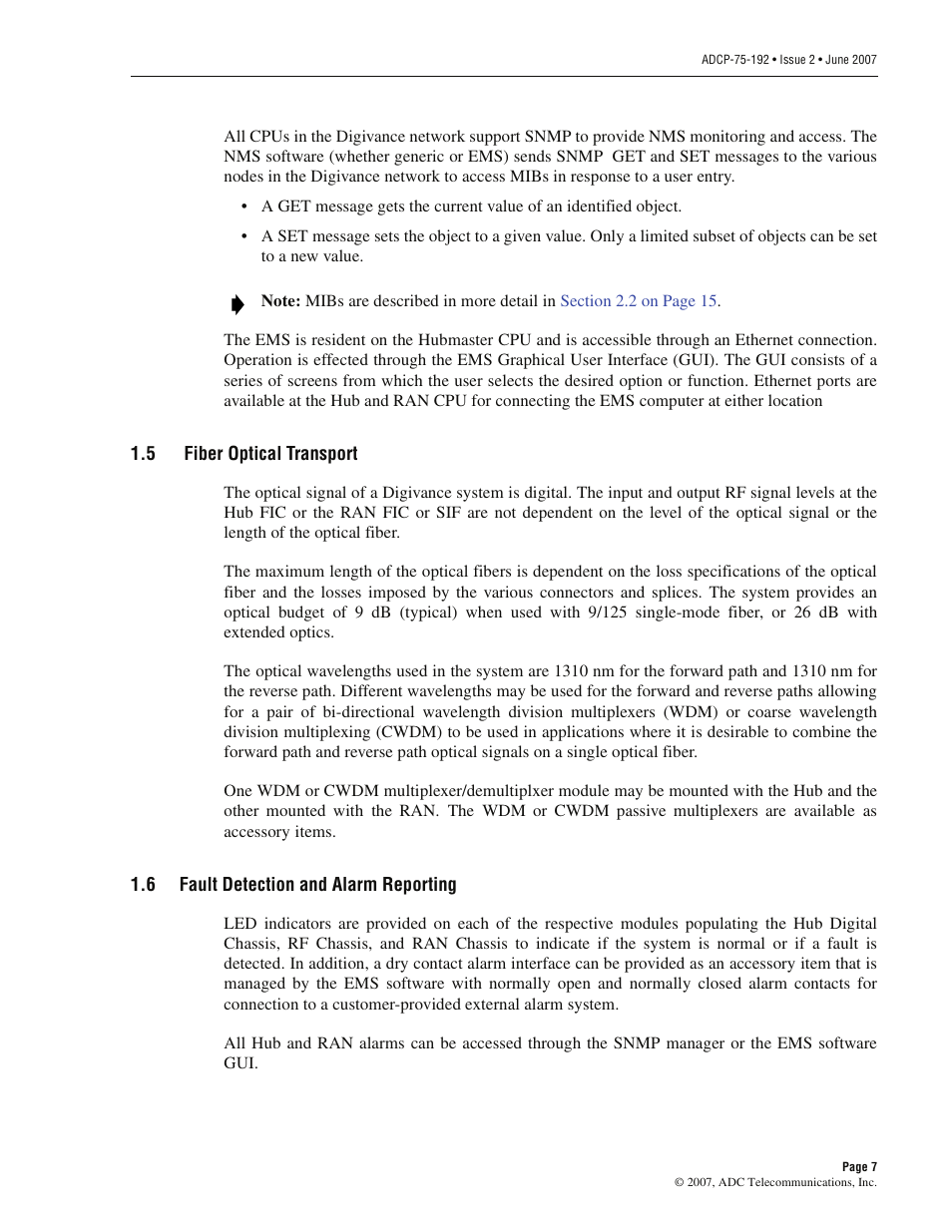 5 fiber optical transport, 6 fault detection and alarm reporting, Fiber optical transport | Fault detection and alarm reporting | ADC 75-192 User Manual | Page 19 / 74