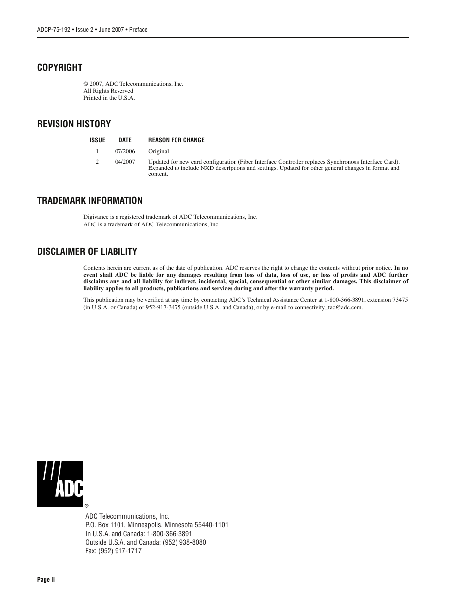 Copyright, revision history, trademarks, Copyright, Revision history trademark information | Disclaimer of liability | ADC 75-192 User Manual | Page 2 / 74