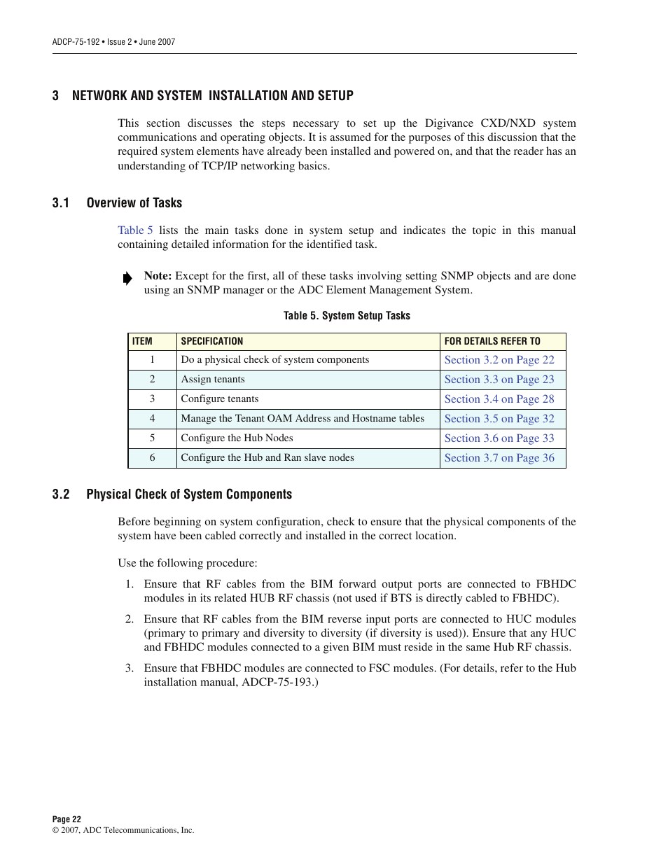 3 network and system installation and setup, 1 overview of tasks, 2 physical check of system components | Network and system installation and setup, Overview of tasks, Physical check of system components | ADC 75-192 User Manual | Page 34 / 74