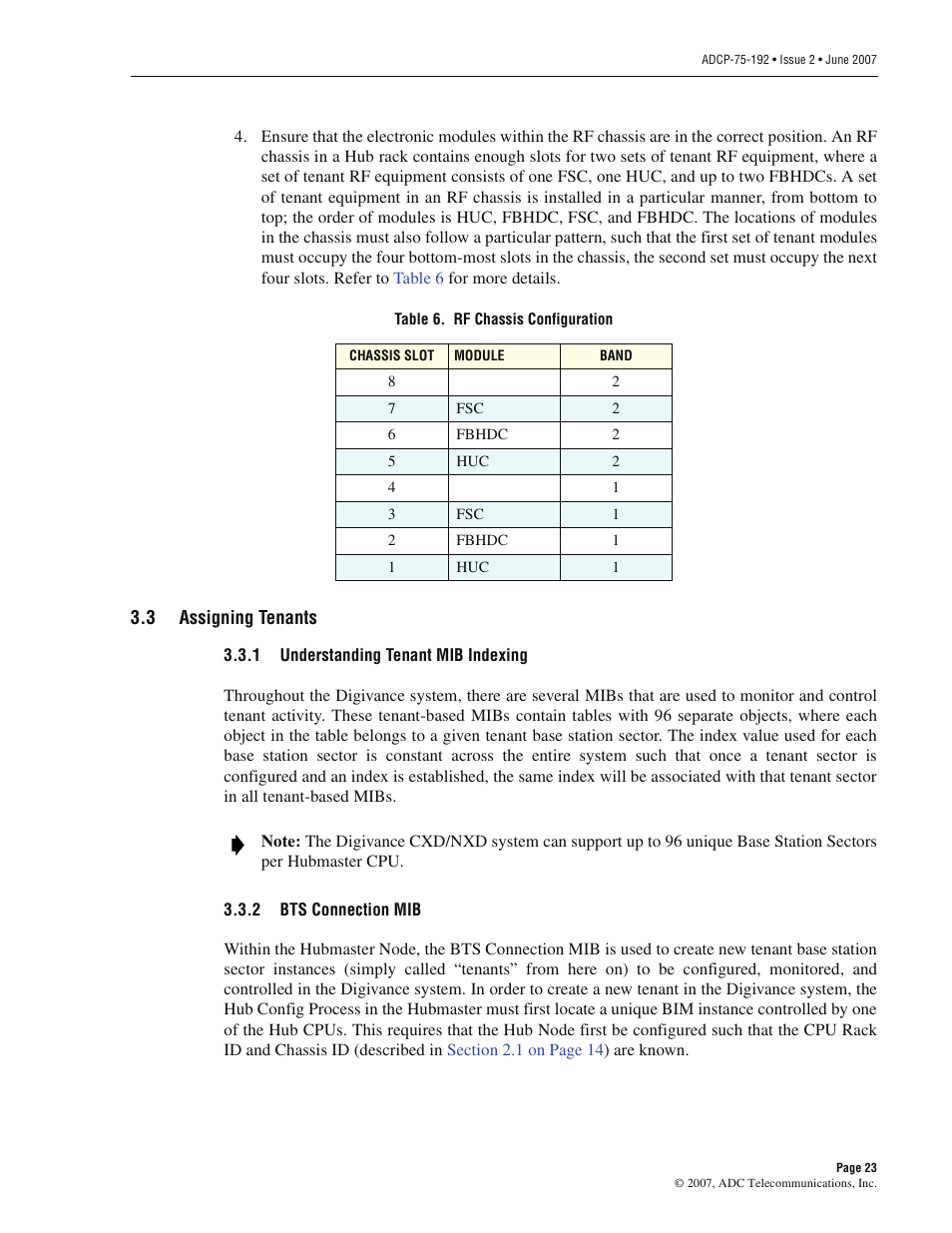 3 assigning tenants, 1 understanding tenant mib indexing, 2 bts connection mib | Assigning tenants, Understanding tenant mib indexing, Bts connection mib | ADC 75-192 User Manual | Page 35 / 74