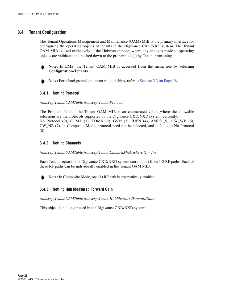 4 tenant configuration, 1 setting protocol, 2 setting channels | 3 setting hub measured forward gain, Tenant configuration, Setting protocol, Setting channels, Setting hub measured forward gain | ADC 75-192 User Manual | Page 40 / 74