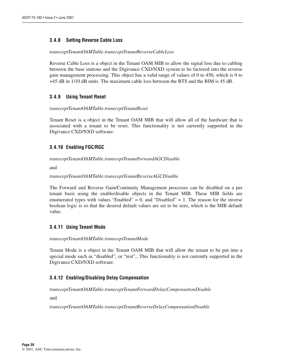 8 setting reverse cable loss, 9 using tenant reset, 10 enabling fgc/rgc | 11 using tenant mode, 12 enabling/disabling delay compensation, Setting reverse cable loss, Using tenant reset | ADC 75-192 User Manual | Page 42 / 74