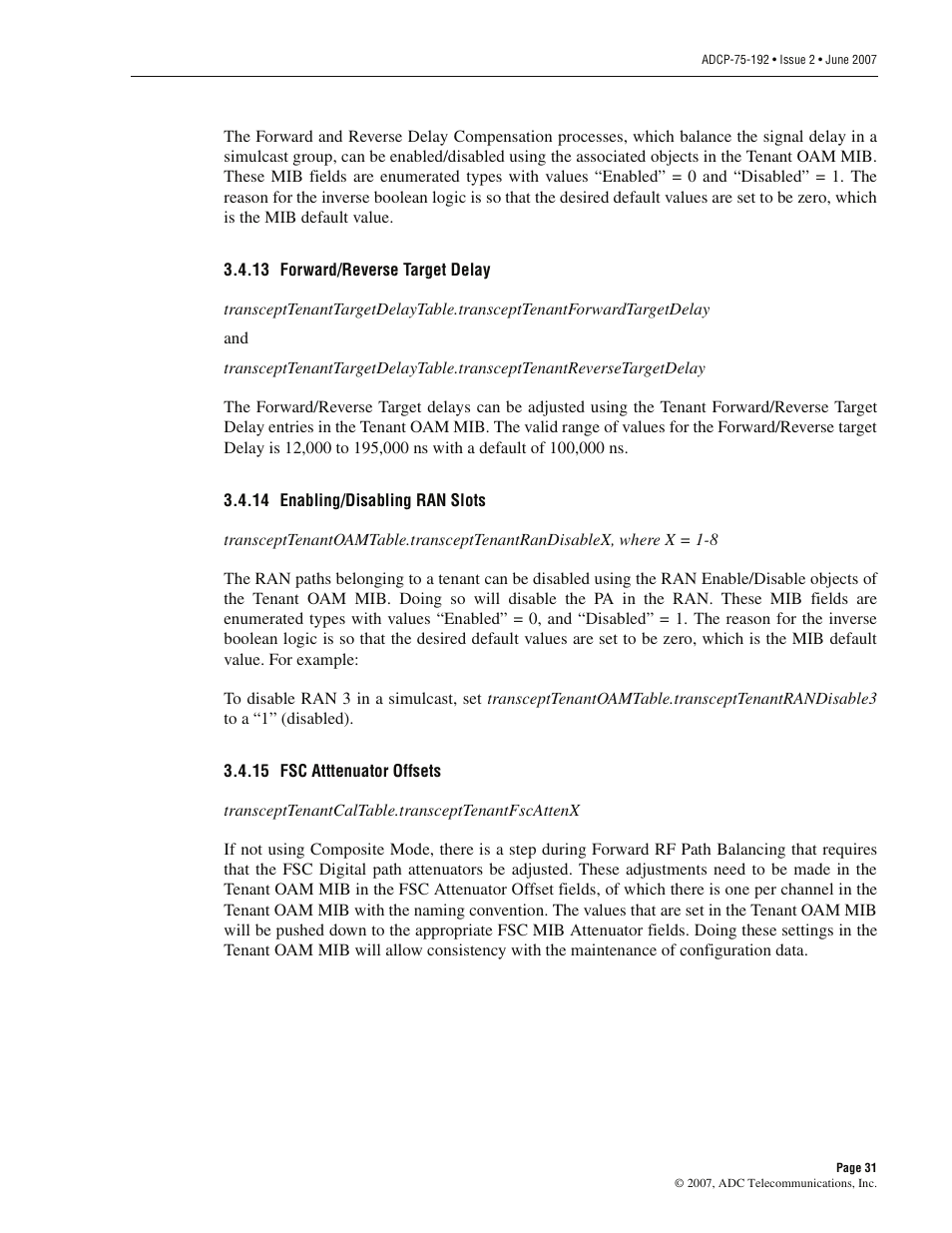 13 forward/reverse target delay, 14 enabling/disabling ran slots, 15 fsc atttenuator offsets | ADC 75-192 User Manual | Page 43 / 74