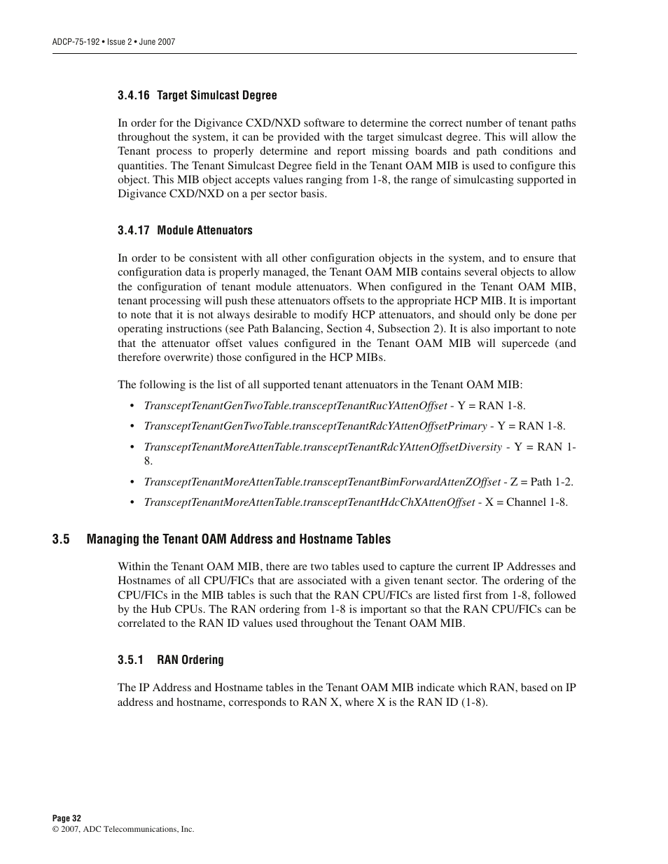 16 target simulcast degree, 17 module attenuators, 1 ran ordering | Ran ordering | ADC 75-192 User Manual | Page 44 / 74