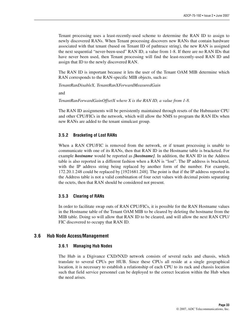 2 bracketing of lost rans, 3 clearing of rans, 6 hub node access/management | 1 managing hub nodes, Bracketing of lost rans, Clearing of rans, Hub node access/management, Managing hub nodes | ADC 75-192 User Manual | Page 45 / 74