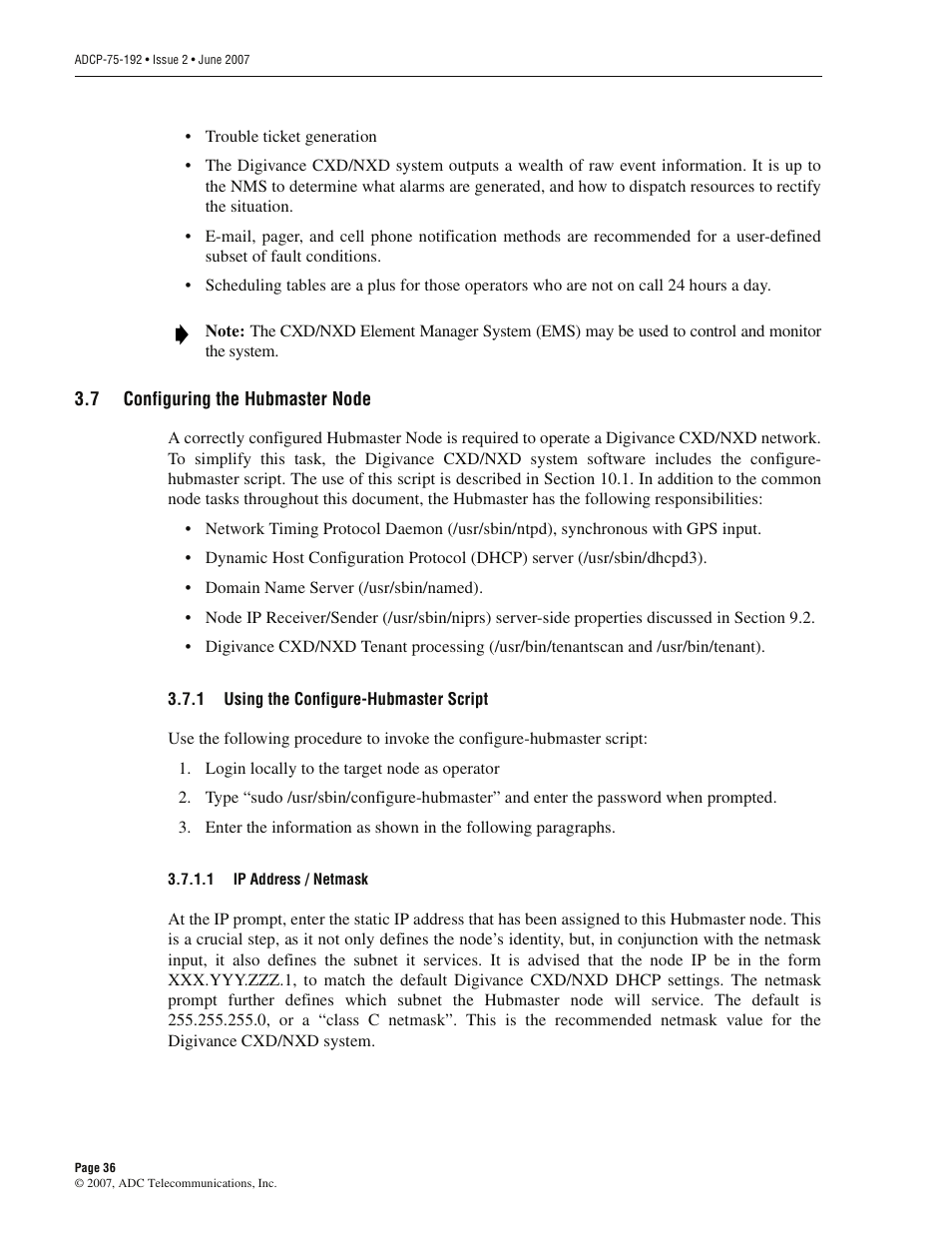 7 configuring the hubmaster node, 1 using the configure-hubmaster script, Configuring the hubmaster node | Using the configure-hubmaster script | ADC 75-192 User Manual | Page 48 / 74