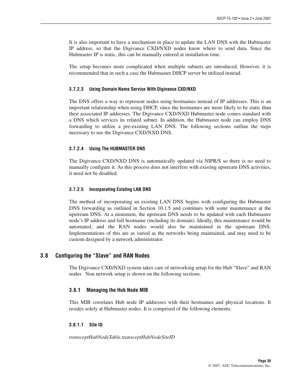 8 configuring the “slave” and ran nodes, 1 managing the hub node mib, Configuring the “slave” and ran nodes | Managing the hub node mib | ADC 75-192 User Manual | Page 51 / 74