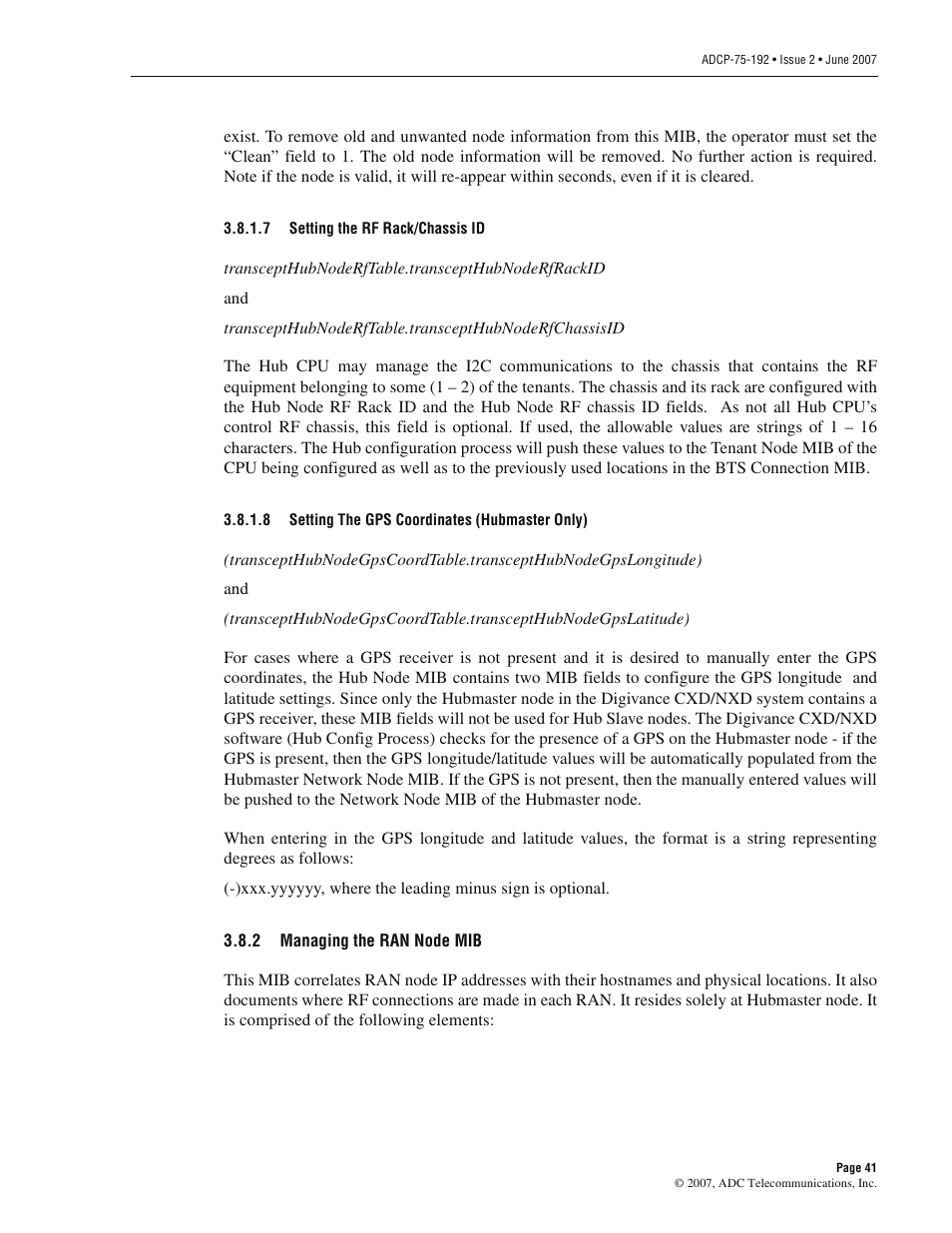 2 managing the ran node mib, Managing the ran node mib | ADC 75-192 User Manual | Page 53 / 74