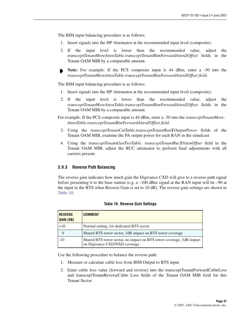 3 reverse path balancing, Reverse path balancing | ADC 75-192 User Manual | Page 59 / 74