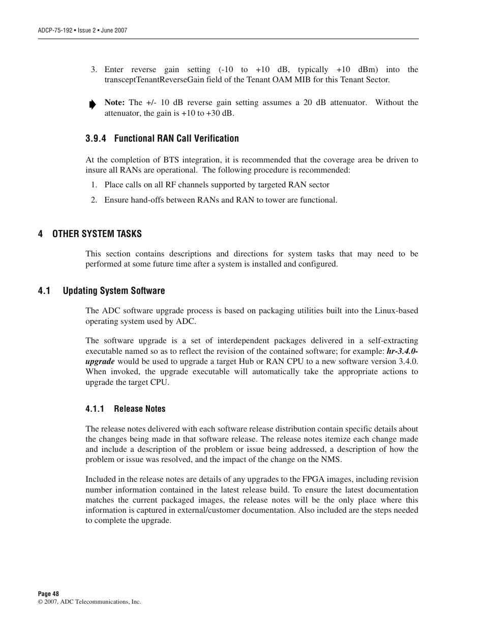 4 functional ran call verification, 4 other system tasks, 1 updating system software | 1 release notes, Functional ran call verification, Other system tasks, Updating system software, Release notes | ADC 75-192 User Manual | Page 60 / 74