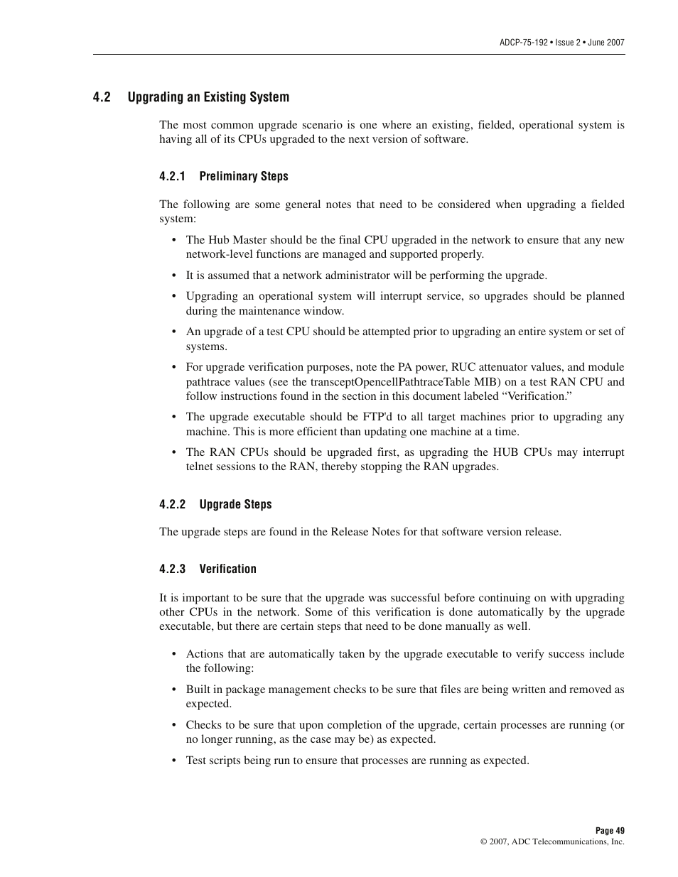 2 upgrading an existing system, 1 preliminary steps, 2 upgrade steps | 3 verification, Upgrading an existing system, Preliminary steps, Upgrade steps, Verification | ADC 75-192 User Manual | Page 61 / 74