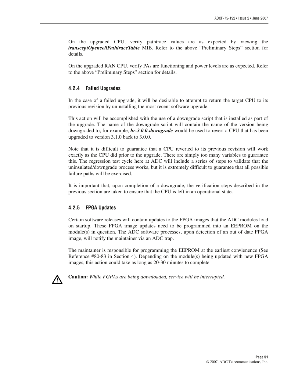 4 failed upgrades, 5 fpga updates, Failed upgrades | Fpga updates | ADC 75-192 User Manual | Page 63 / 74