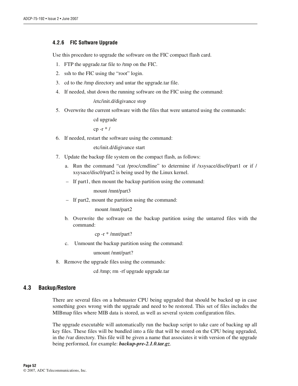 6 fic software upgrade, 3 backup/restore, Fic software upgrade | Backup/restore | ADC 75-192 User Manual | Page 64 / 74